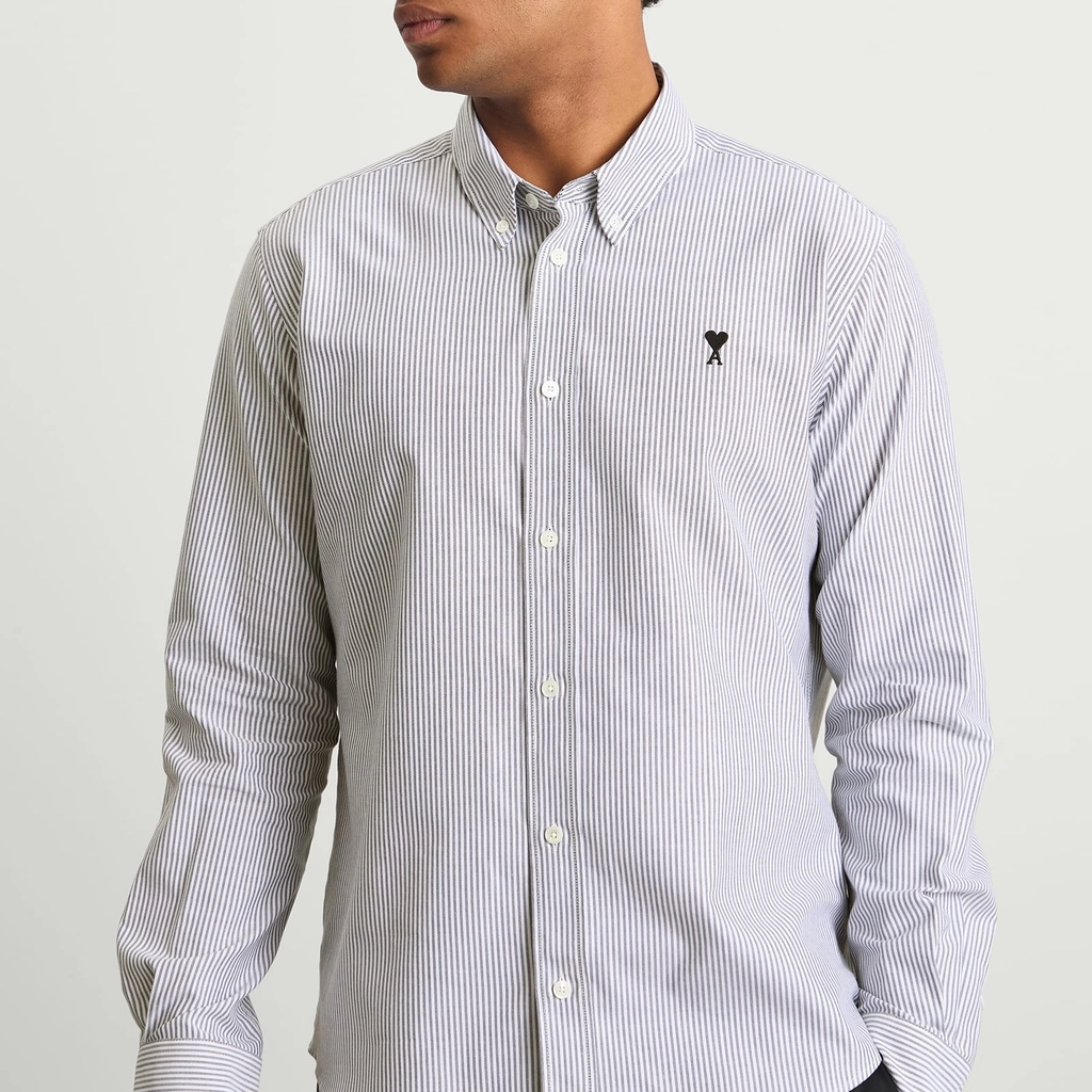 AMI Paris Men's Striped Cotton Oxford Classic Shirt Noir / Blanc Naturel